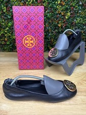 Tory Burch Minnie Travel Ballet Flat Soft Black Nappa Leather Metal Logo Women 8