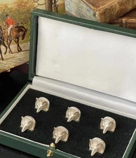 Set SIX Rare English Sterling Silver Fox Hunt Head Menu Place Card Holders c2012