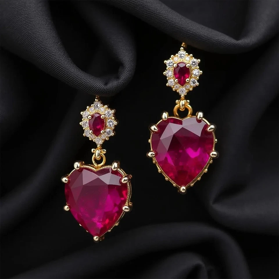 4Ct Heart Cut Lab Created Ruby 14K Yellow Gold Plated Women's Drop Earrings - Image 3 of 3