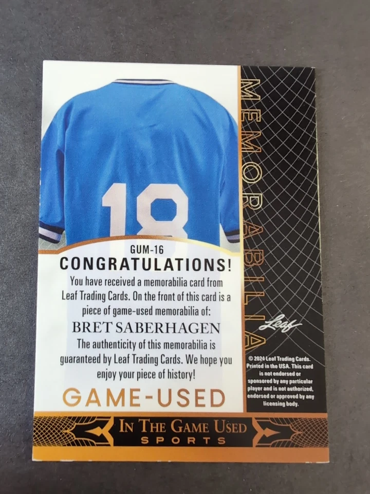 Hoja en el juego 2024 usada - Bret Saberhagen camiseta usada en juegos reliquia meme #GUM-16 Foto 2 de 2