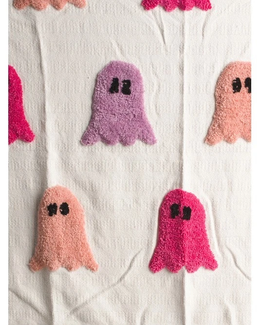 Boo Tufted Ghosts Cute Luxury Throw Blanket Handcrafted in India Tassel Hallowee - Image 4 of 4