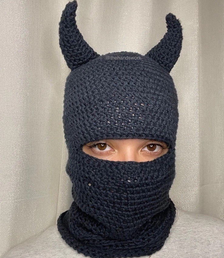 Hand Knit Horned Balaclava Mask Black Crochet Ski Mask Devil Horn