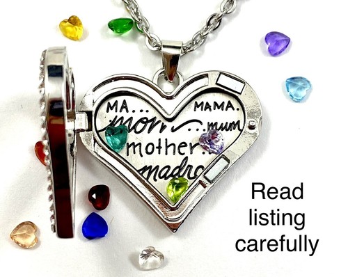 Mother's Gift Glass Locket Necklace Birthstone Jewelry Crystal Floater Mama Kids - Picture 3 of 9