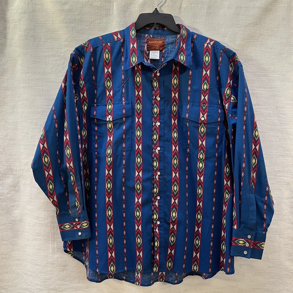 VTG Rustler Wrangler Western Checotah Shirt XXXL Blue Pearl Snap Button L/S Men - Image 2 of 4