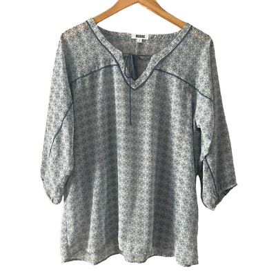 Modbe Women s Tunic Top Size L Peasant Sheer Flowy Coastal Boho Beach Blue
