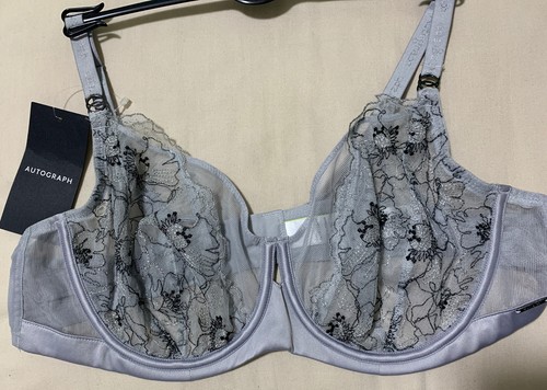 M&S AUTOGRAPH LUXURY SWISS FLORAL EMBROIDERY NON PADDED BALCONY BRA SILVER 32A - Picture 4 of 12