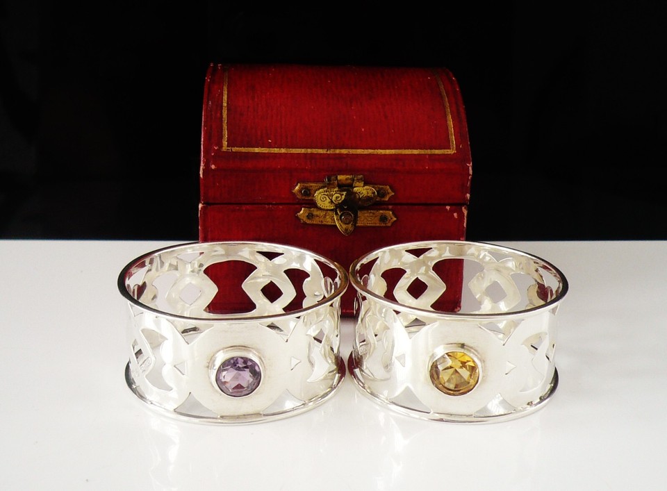 Pair Stone Set Sterling Silver Napkin Rings with Case Hallmarked