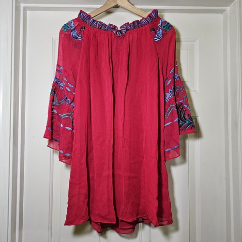 Top túnica vintage de gasa roja para mujer azul bordado floral con cuentas L - Imagen 6 de 12