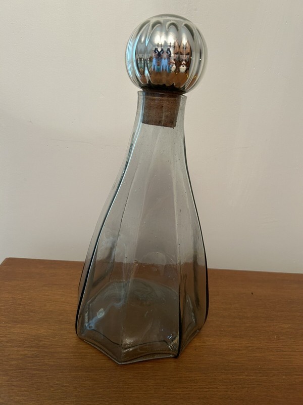 Mexican Hand Blown Glass Decanter w/ Mercury Glass Sphere Stopper Rare