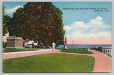 Postcard: Sarcophagus and Massasoit Statue, Coles Hill, Plymouth Mass. Linen