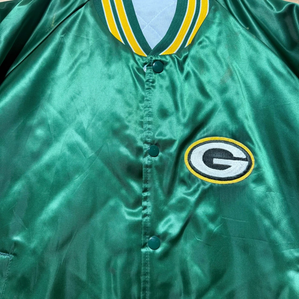 Chaqueta de bombardero satinada parche de fútbol americano NFL Green Bay Packers de colección de los 80 Hecha en EE. UU. XL Foto 2 de 4