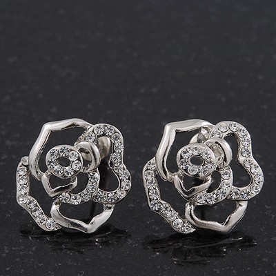 Versilberte Kristall Ohrstecker ''Bella Rosa'' Rose - 1,5 cm