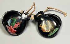 2 Spanish Castanets Clackers Flamenco Traditional W/ Painted Emblems VTG Spain