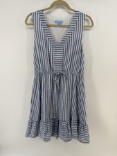DRAPER JAMES Blue White Stripe Linen Blend Sun Dress Cool Airy SUMMER Medium