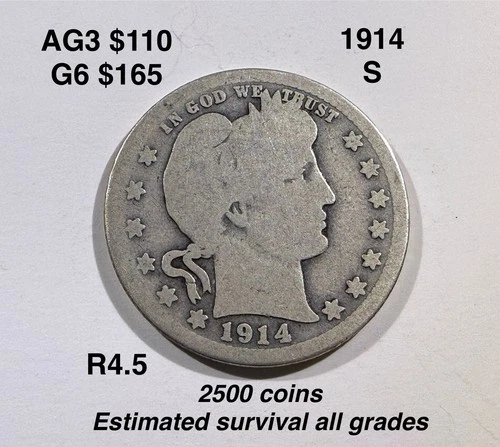 1914-s Barber Quarter  AG/ VG  Very Good Original .