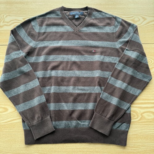 Tommy Hilfiger XS Jumper Mens Brown Grey 20" Pit-to-Pit Designer V Neck Striped - Picture 4 of 10