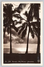 RPPC HONOLULU Hawaii, Ala Moana Sunset, Naval Censor Stamp, palm trees, beach