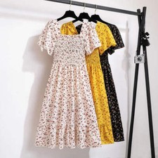 Chiffon Dress Midi Short Sleeve Elastic Waist Floral Pleated Casual Dress