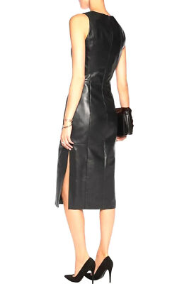 black leather dress with slit Black Faux Leather Spaghetti Strap Gold Chain Lace Up Double Slit Dress