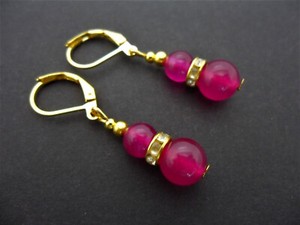 Authentic A PAIR OF PINK JADE GOLD PLATED DANGLY LEVERBACK HOOK EARRINGS. .