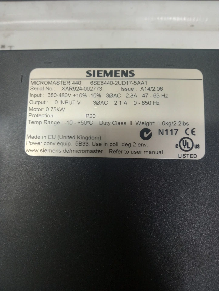 Siemens MicroMaster440 6SE6440-2UD17-5AA1 Input 380v-480v 6SE6440-0BP00-0AA0  - Image 4 of 4