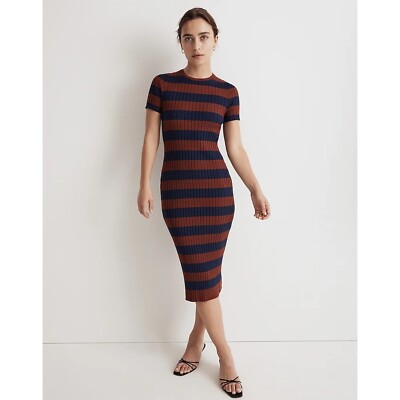 Madewell Womens Ribbed Midi Sweater Dress Striped Crew Neck