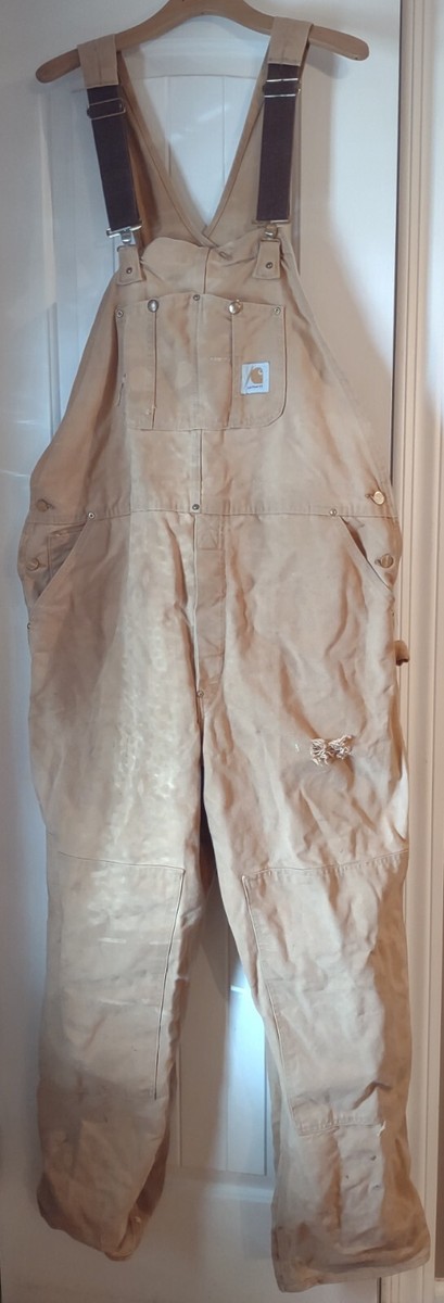 Vintage Carhartt Double Knee Tan Duck Bib Overalls 44 32 Men Made