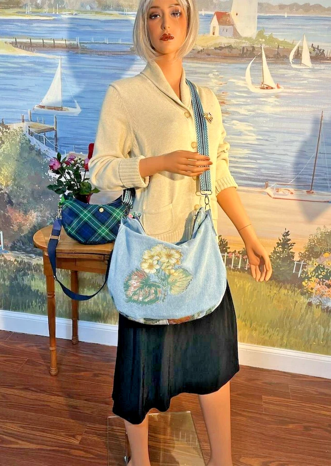 Bolsa de ombro jeans bordada extra grande feita à mão tecido vintage - Imagem 3 de 4