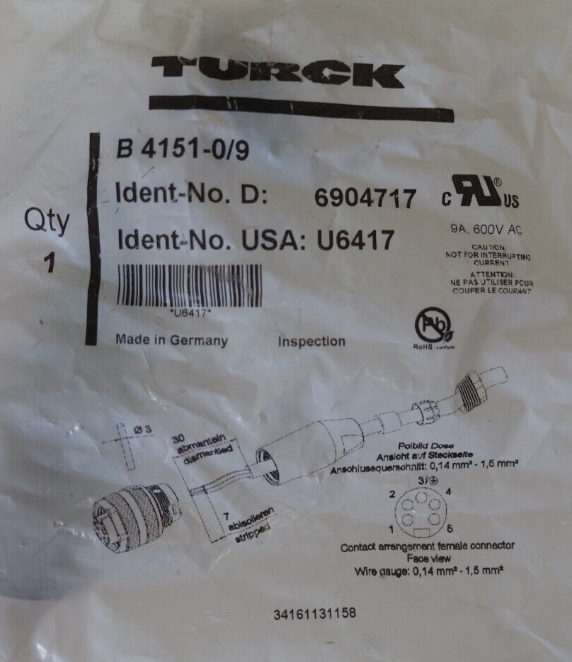 TURCK, B4151-0/9, IDENT-No.D: 6904717, IDENT-No.USA: U6417, NEW/ORIGINAL PACKAGING!!!