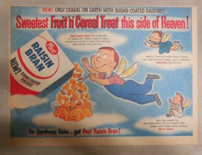 Post Cereal Ad: Raisin Bran Cereal This Side of Heaven ! 1950's 11 x 15 inches