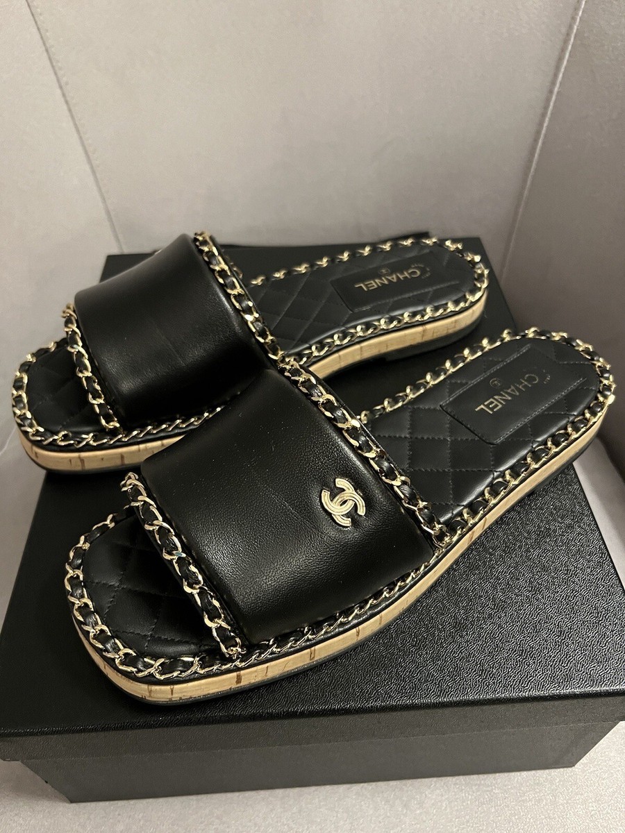 靴 CHANEL Mules Sandals Gold Chain T-Strap CHANEL SANDALS MULES SHOES BLACK-LEATHER WITH GOLD CHAIN