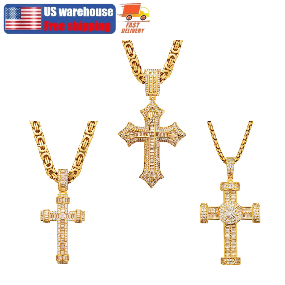 Religious Cross Pendant Necklace 14K Gold Plated Box Chain Men Women Jewelry