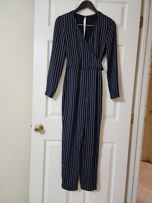 DYNAMITE Womens Navy & White Stripes Long Sleeve Jumpsuit Romper