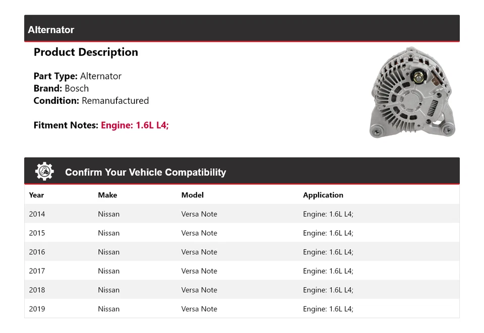 Alternador Bosch para Nissan Versa Note 2014-2019 1,6 L L4 (remanufacturado) 2015 Foto 2 de 4