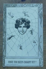 Lady Catches Tiny Men/Fly Wing/Spider Web-Have U Been Caught Yet-Vintag Postcard