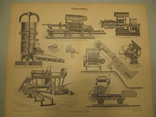 Torf, wydobycie, maszyny 2 oryginalne tablice z 1888 roku - oryginalne litografie