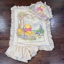 Classic Pooh Crib Bedding Set Vtg Baby Yellow Ruffle Comforter Skirt 3pc