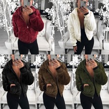 Womens Ladies Fluffy Fleece Fur Coat Hoodie Teddy Bear Hooded Jacket Tops UK