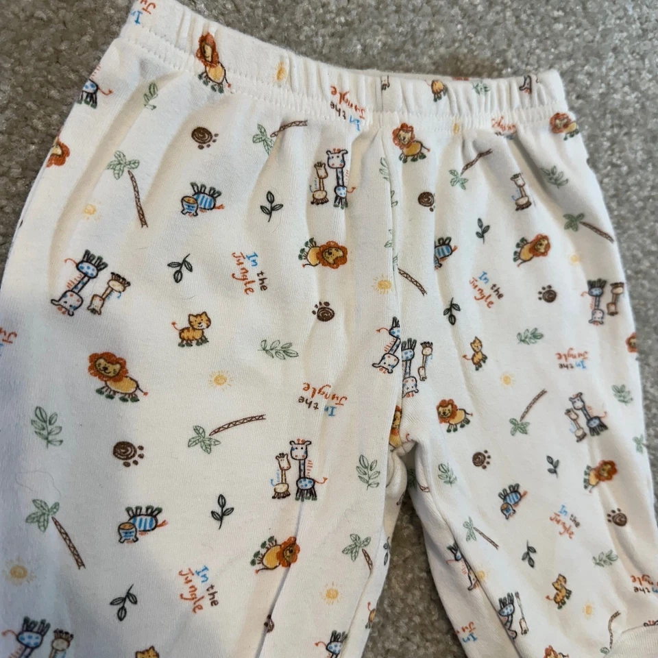 Pantalones de bebé First Moments Layette 3-6M selva safari animales algodón blanco suave Foto 2 de 4