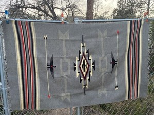 Vintage Chimayo Handwoven Wool Blanket Rug Pre War 83”x48 Thunderbirds Arrows