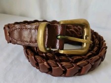 Vintage Full Grain Brown Woven Leather Belt Solid Brass Buckle Size Large