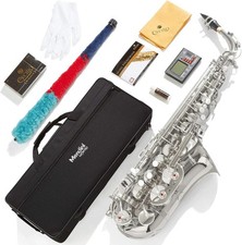 Mendini By Cecilio Eb Alto Saxophone, Case, Tuner, Mouthpiece, 10 Reeds- Nickel.
