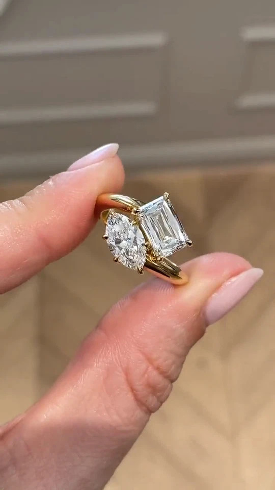 3TCW Marquise & Radiant Lab Created Diamond Toi Et Moi Ring 14k Yellow Gold Over