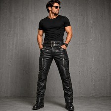 Men's Real Leather Biker Pant Side Laces Up Cargo Style Motorbike Leather Pant