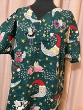 TL Uniform Women  s Size XL Scrub Top Vet Santa Christmas Angel Bear Pocket Green