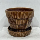 Vtg 50s McCoy USA Pottery Brown Basket Weave Planter W/ Attached Saucer 5.5"