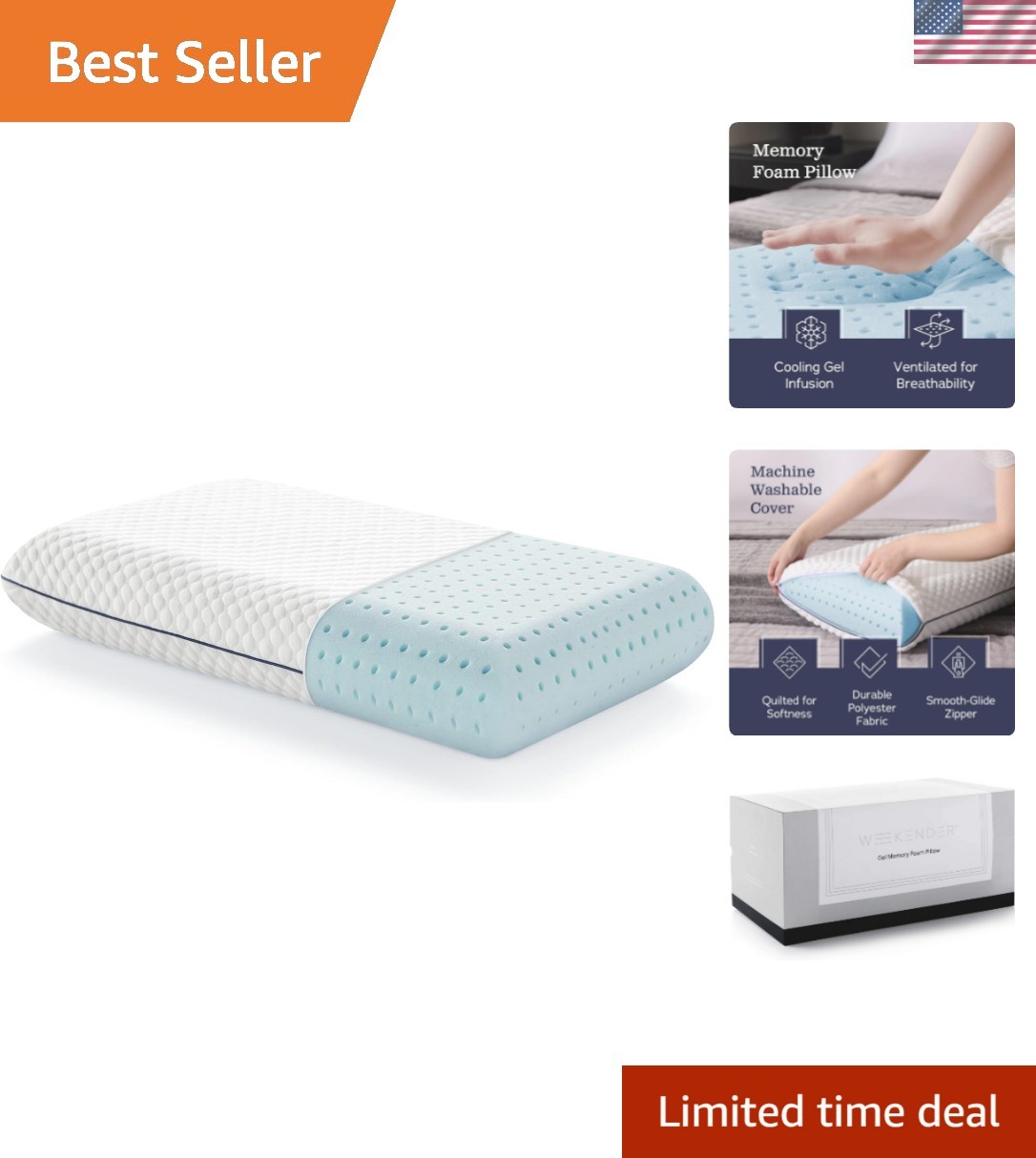 Gel Memory Foam Pillow - Queen Size - 1-Pack - Medium Firm F