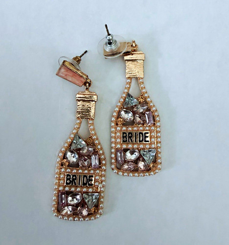 BRIDE Champagne Bottle Dangle Drop Earrings Gold Tone Rhinestone Faux Pearl