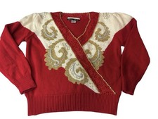 Vintage Large Dana Scott 80s Red White Gold Beaded Sweater Christmas Shiny