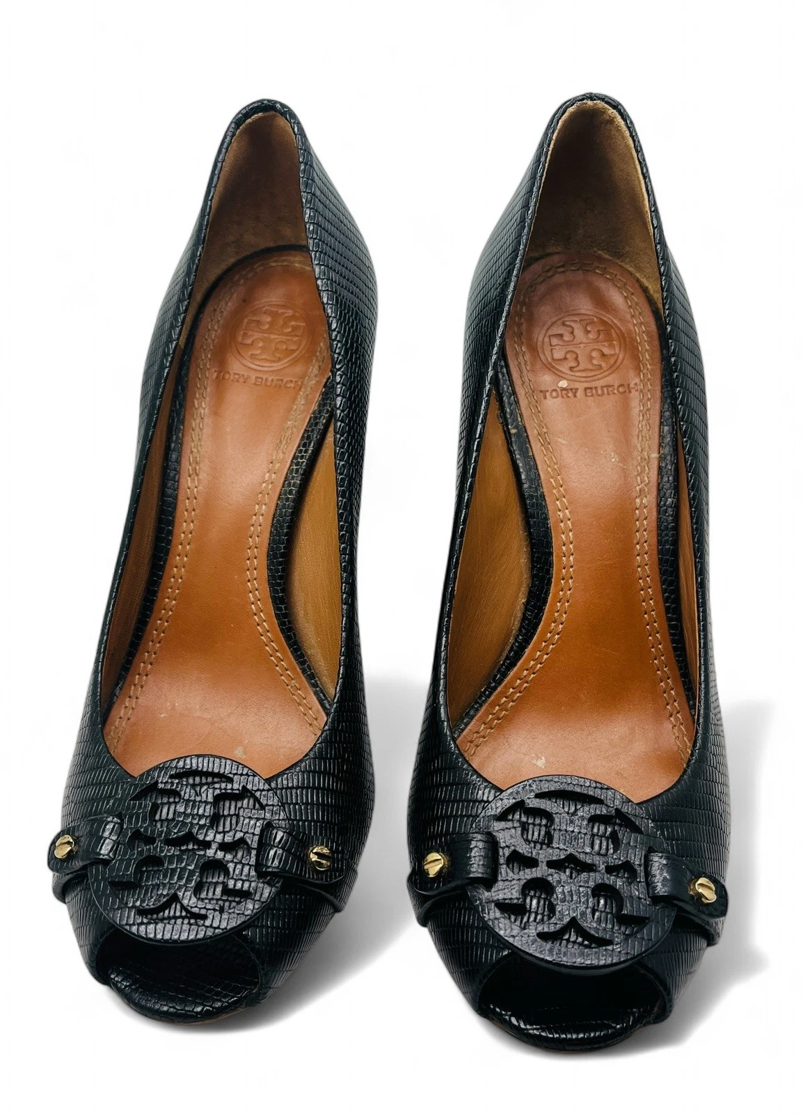 Scarpe décolleté Tory Burch Sally Peep Toe donna 7M nere pelle ciottolata tacco zeppa